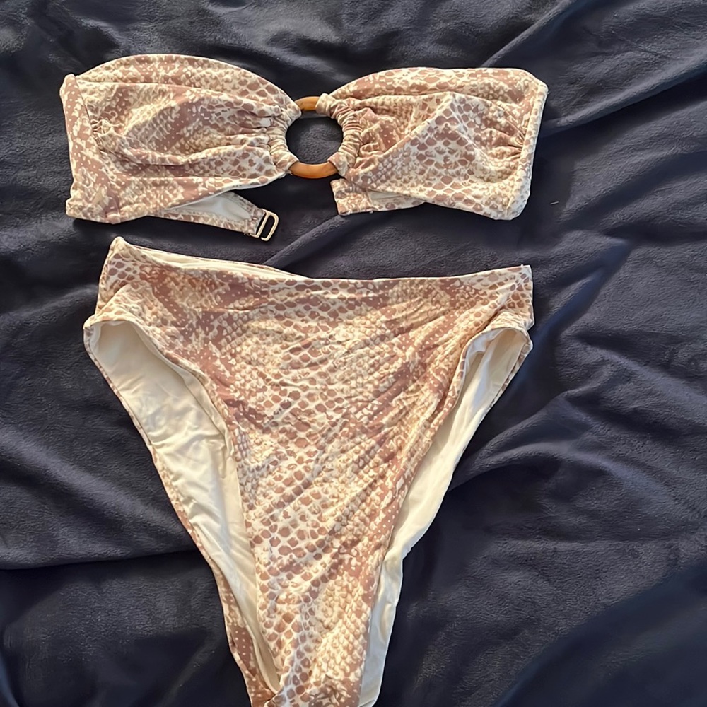 Two piece nude snake skin bandeau swimsuit with high waisted cheeky bottoms!